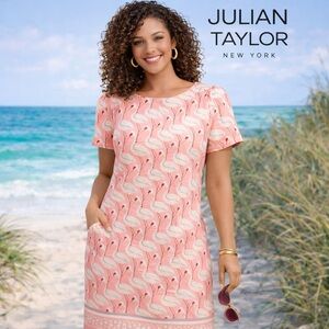 🦩Julian Taylor, FLAMINGOS,Sheath Dress, Print Pink Flamingo, Stretch, Size 18W